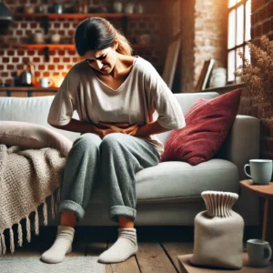 Mujer sentada en un sofá, sujetando su abdomen con expresión de dolor, en una habitación acogedora con luz natural, ilustrando los síntomas de dismenorrea o dolores menstruales.