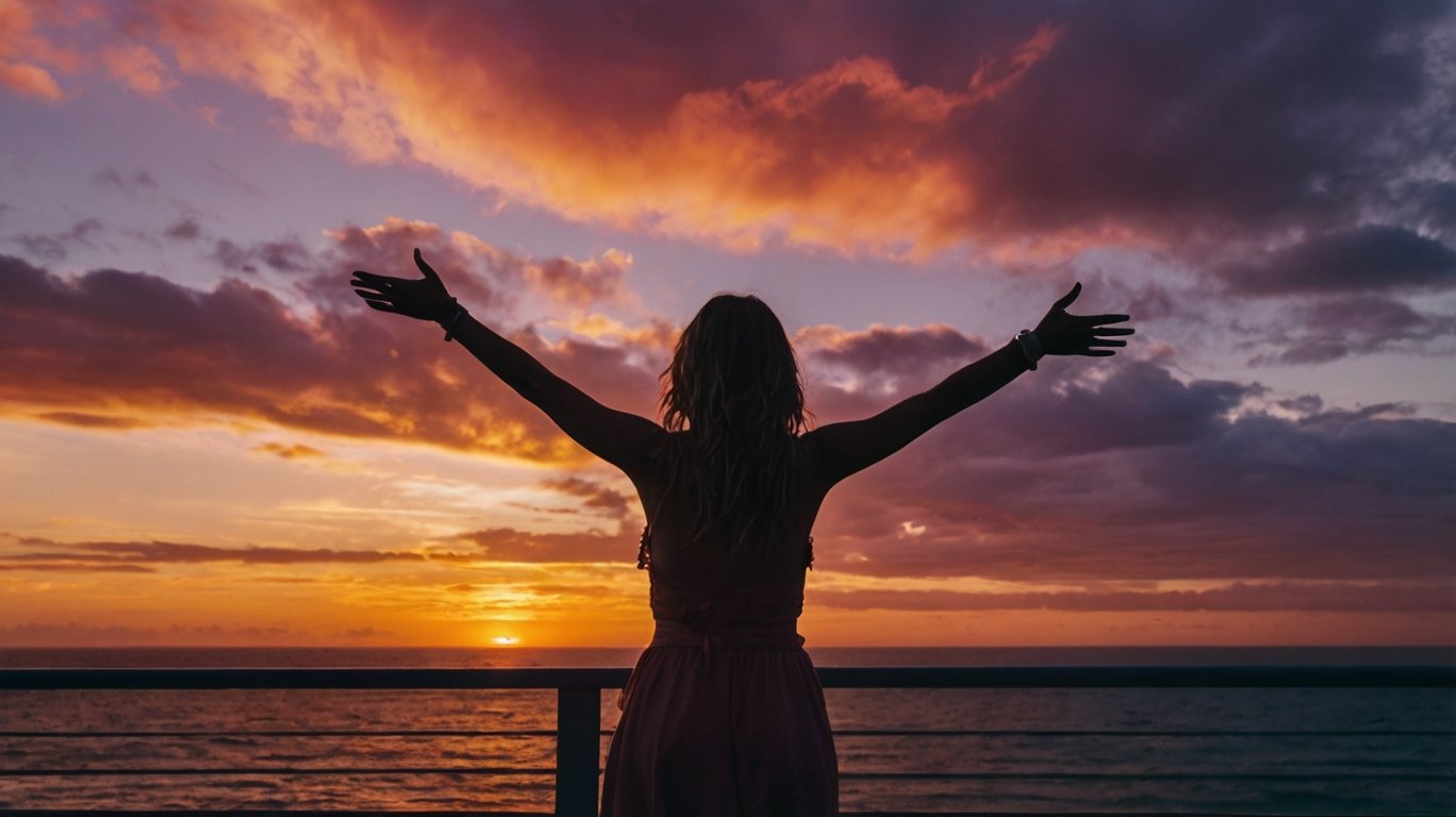 Silhouette-style image featuring a person standing on a balcony or platform, with their arms outstretched, facing a dramatic sunset over the ocean. The sky is filled with vibrant hues of orange, pink, and purple, with clouds partially obscuring the sun, creating a striking contrast between light and shadow. The person appears to be enjoying the moment, with their head tilted back and hair flowing. The railing of the balcony is dark and contrasts sharply with the bright, colorful sky and the calm ocean below.