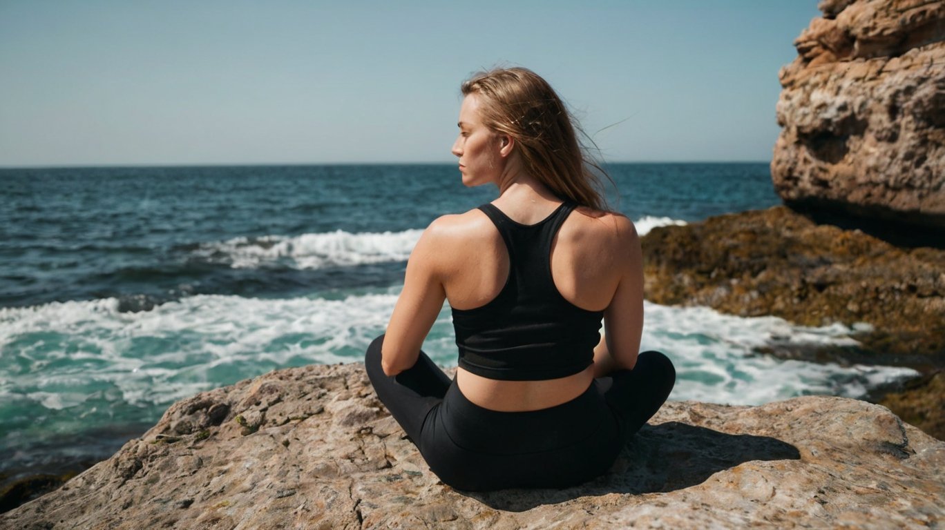 Una mujer vestida con una camiseta negra sin mangas está sentada sobre una roca junto al mar durante el día. La escena muestra un ambiente sereno y natural. La mujer, de cabello largo y suelto, está mirando hacia el horizonte con una expresión tranquila. La luz del sol ilumina su rostro y el entorno, creando un ambiente cálido. A su alrededor, el océano se extiende hasta el horizonte, reflejando los tonos del cielo. La roca en la que está sentada es grande y sólida, y el mar parece estar calmado con suaves olas. La imagen transmite una sensación de calma y contemplación en medio de un entorno natural impresionante